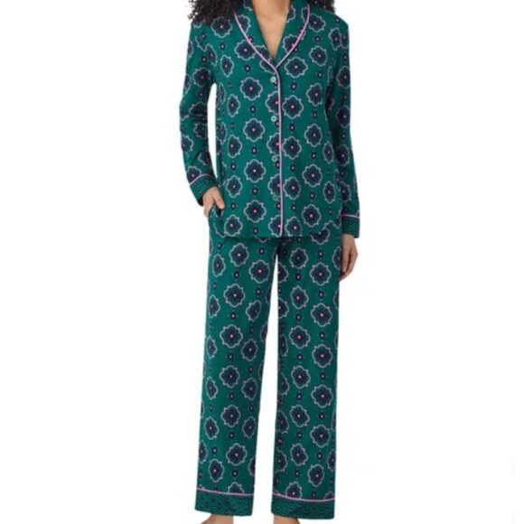 Room Service Shawl Collar Green and Pink Geometric Print Pajamas Set Size Small - Picture 1 of 7